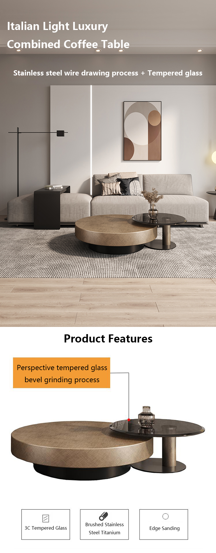 Tempered Glass Gold Metal Round Coffee Table Contemporary Drum Shape