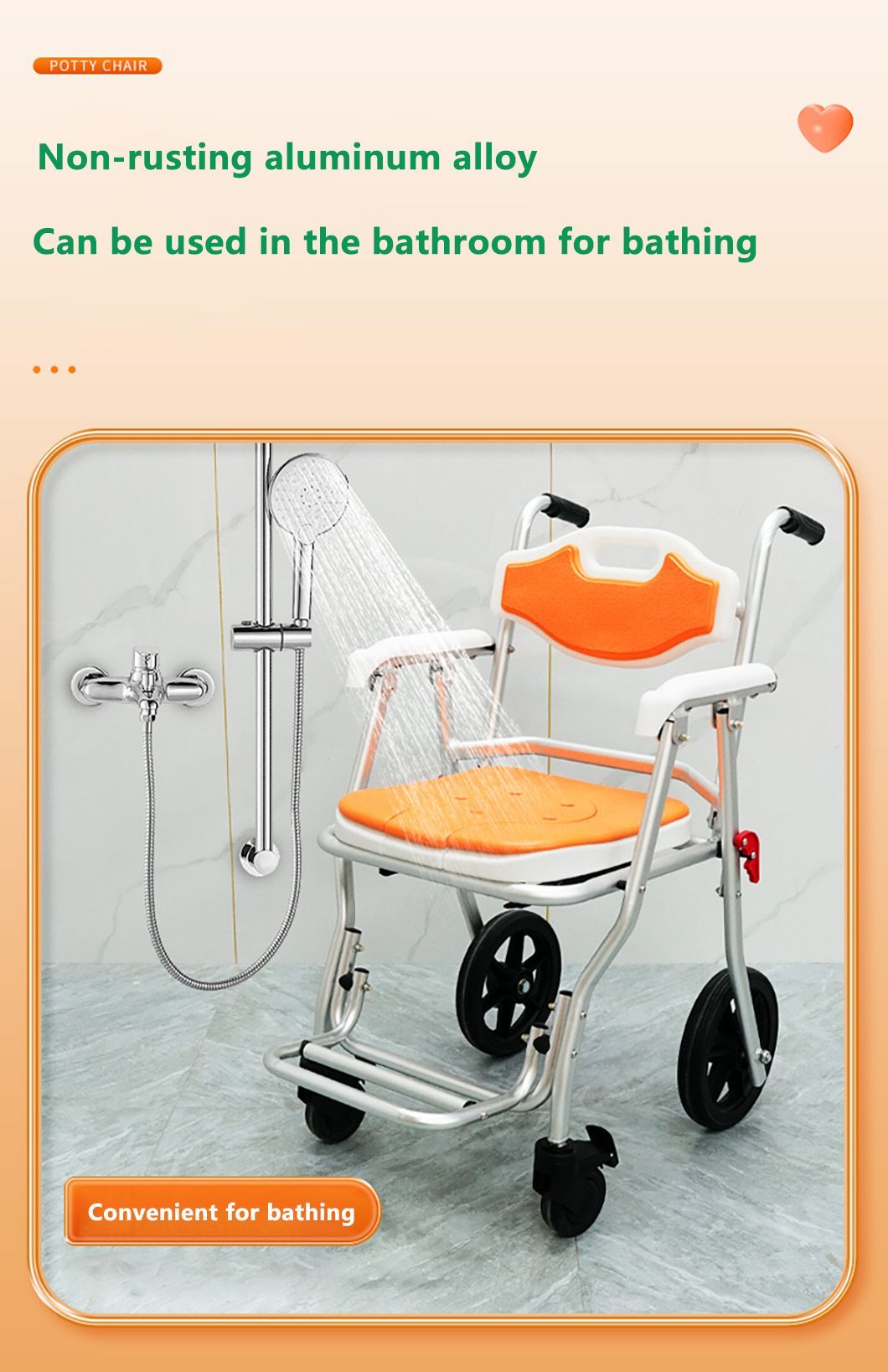 Toilet Safety Chair for Elderly and Disabled Aluminium Mobile Bathroom Chair with Wheels