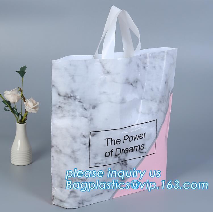 Custom Printed Stand Up Block BottomSoft Loop Handle Plastic Carrier Shopping Bag，Plastic Soft Loop Handle Bag for Shopp