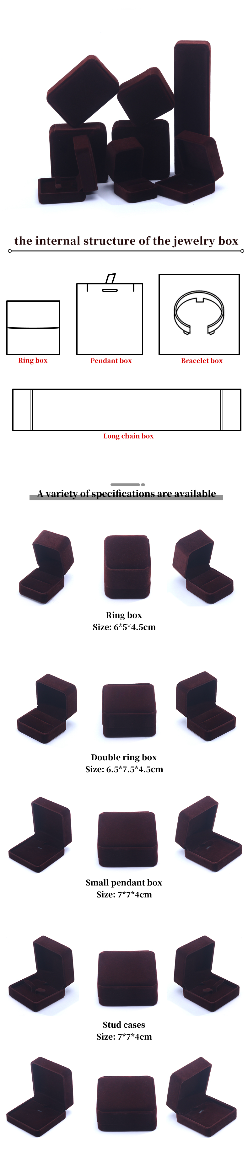 China Manufacturing wholesale high end Handmade Necklace Ring Box Jewellery Packaging Custom logo Luxury Square Suede Velvet Brown Jewelry Box