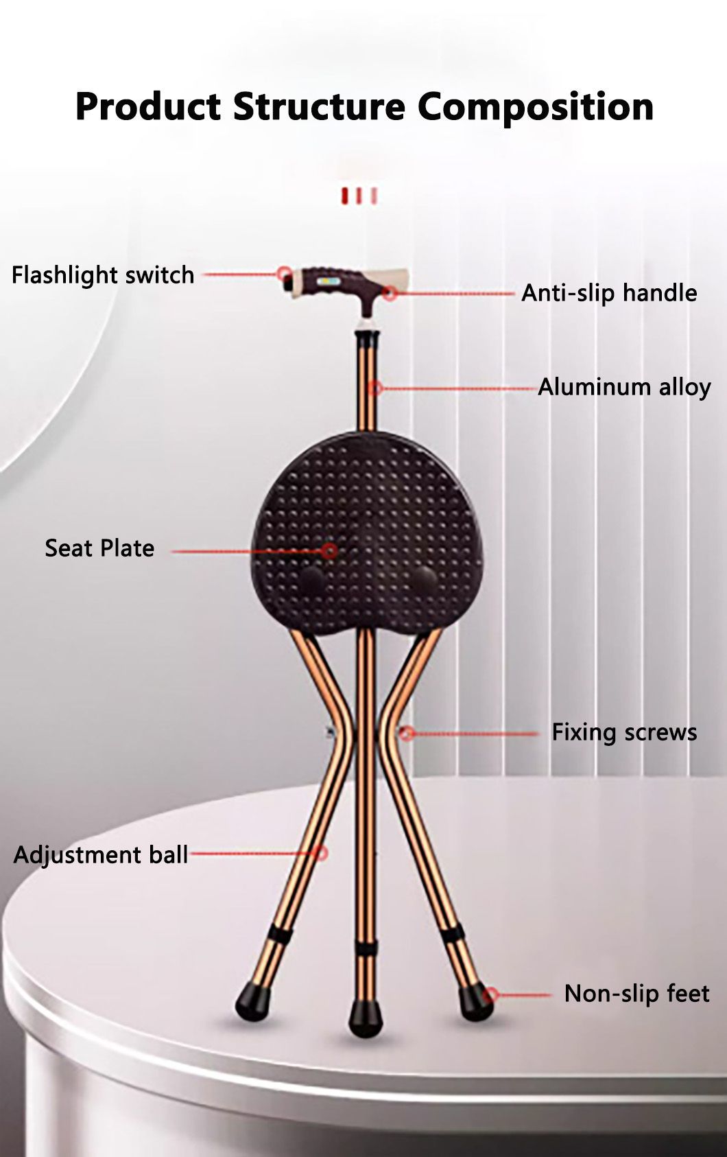 Multi Functional Walking Stick Three Legs Adjust Foldable Walking Stick Chair with Seat