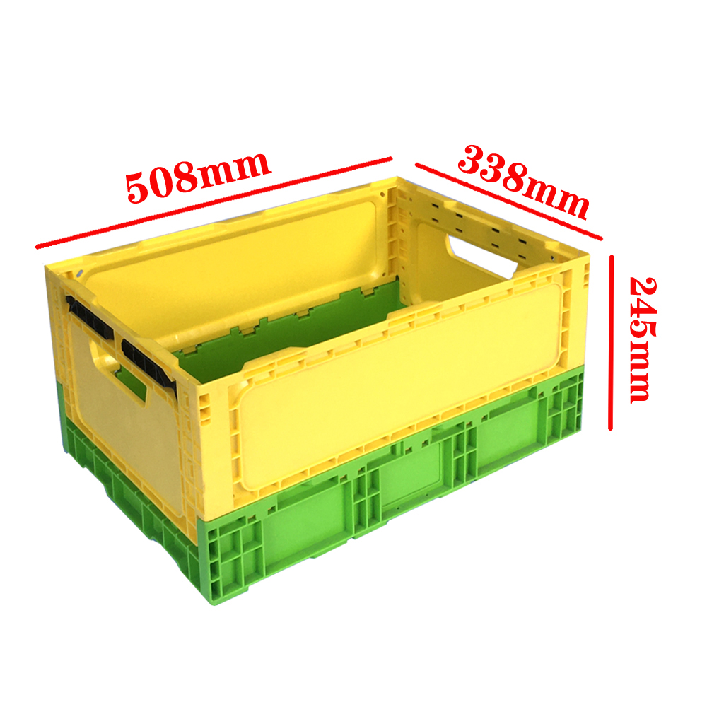 Yellow Rectangular Plastic Square Crate Folding Plastic Storage Bins External 508x338x245mm