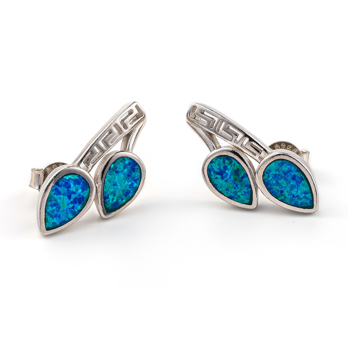 925 With Sterling Silver Greek Key Blue Meander High Quality Opal Leaf Stud Earrings