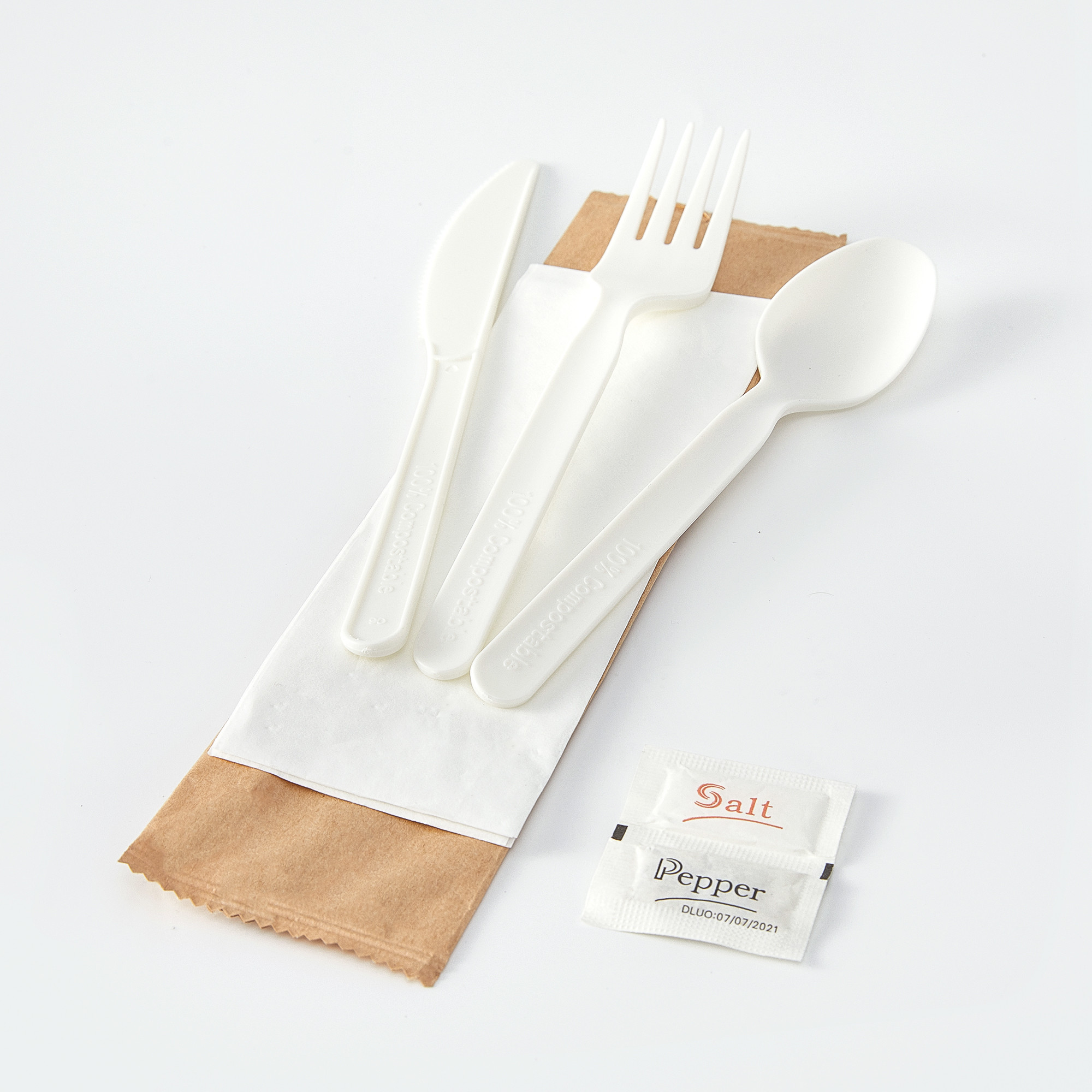 Custom Size CPLA Biodegradable Disposable Cutlery Set Individually Packaged Fork Spoon Knife Compostable