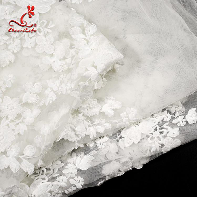 White 3d Embroidered Lace Fabric For Wedding Dress With Elastic Nylon Net