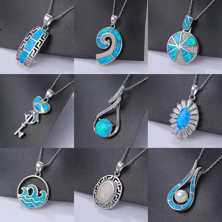 Custom S925 Sterling Blue Opal Necklace Silver Pendant Jewellery