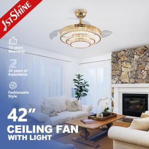 220V Crystal Retractable Ceiling Fan Light Dimmable Fandelier 6 Speed