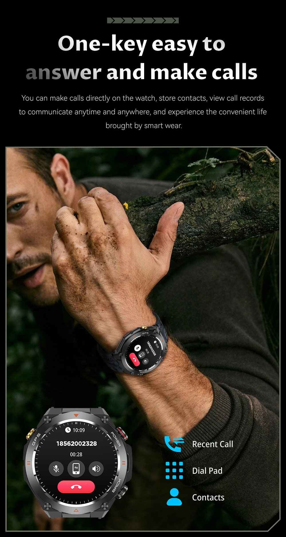 Men's KC82 Smart Watch Fitness Tracker Watch Waterproof 1ATM With Altitude Air Pressure