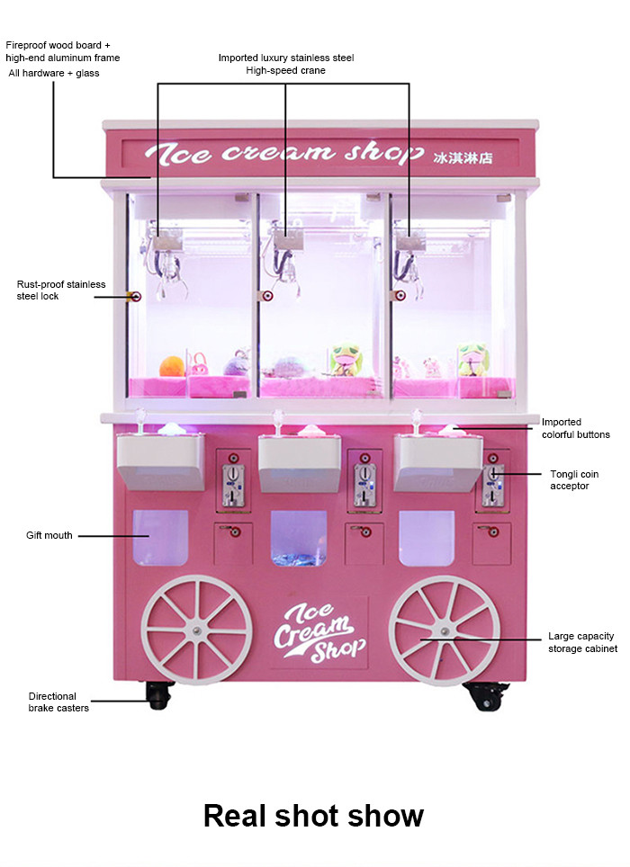 Coin Pusher 3 Players Gift Crane Game Machine Indoor Pink