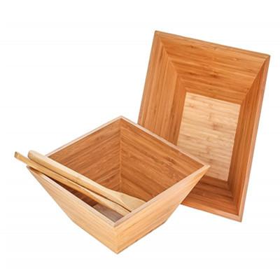 Bamboo Salad Bowl 4 PC Set w/Serving Hands 2 square bowls & pair salad servers