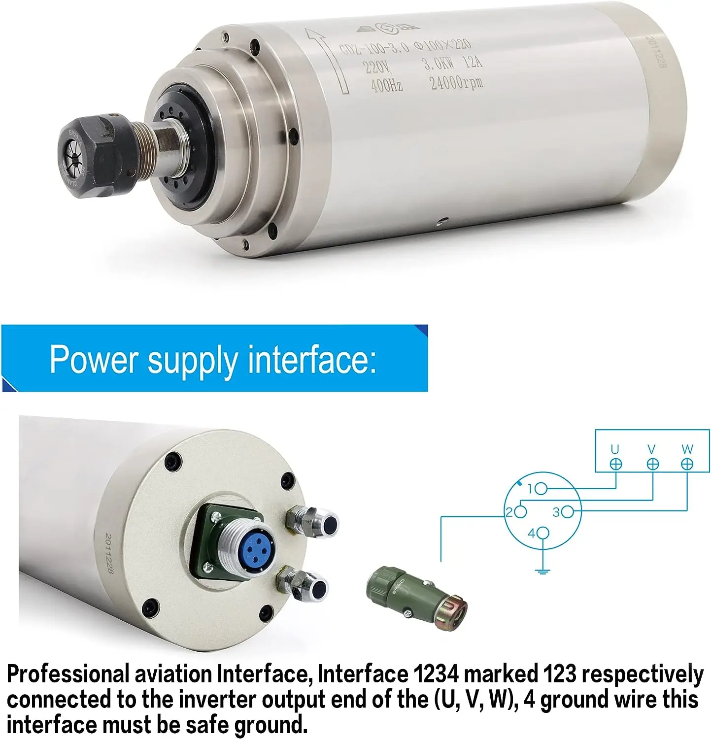 3KW CNC Water Cooling Spindle Motor ER20 Collet 400Hz 24000RPM For Woodworking