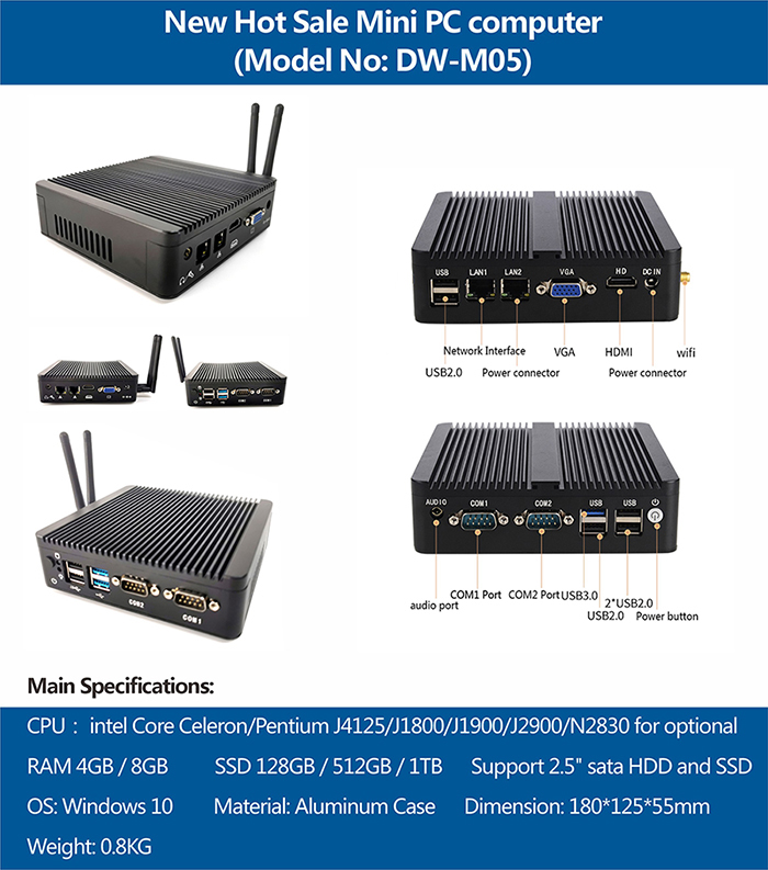 Fanless J4125 Portable OEM Industrial Mini PC Small Pocket Intel Mini Pc Computer