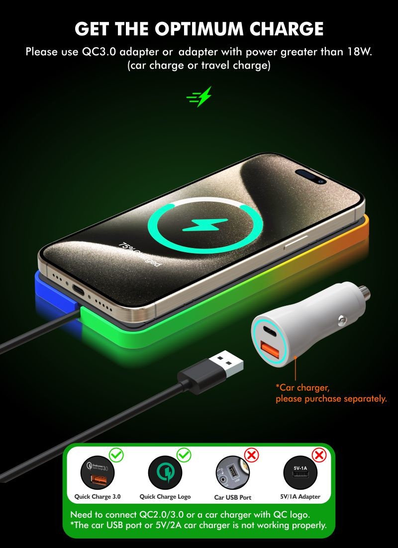Magnetic Wireless Car Charger with RGB LED Light Charging for Qi Phones and Earbuds - 15W Power