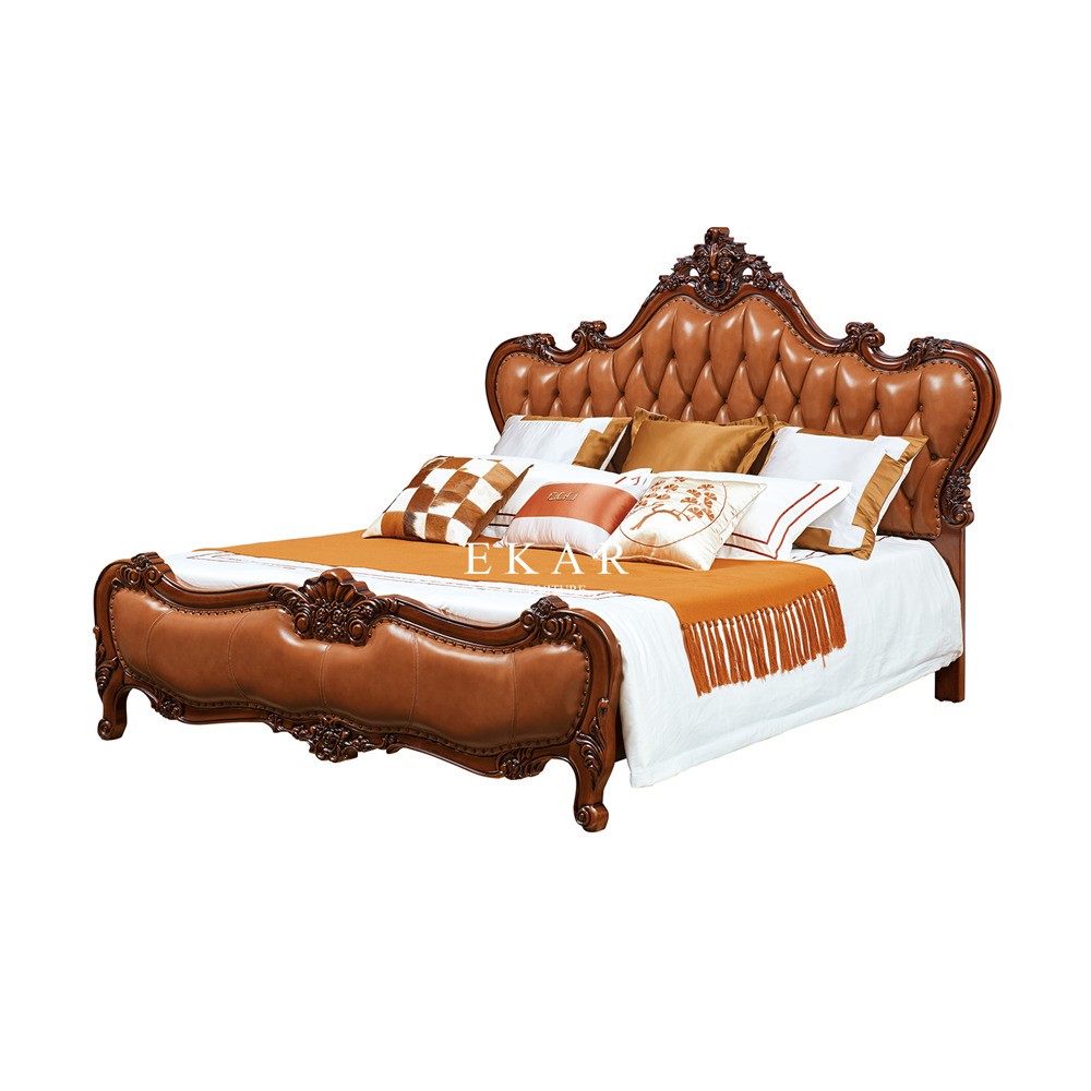 Royal Hand Carved Bedroom king size bed with leather Carvng headboard