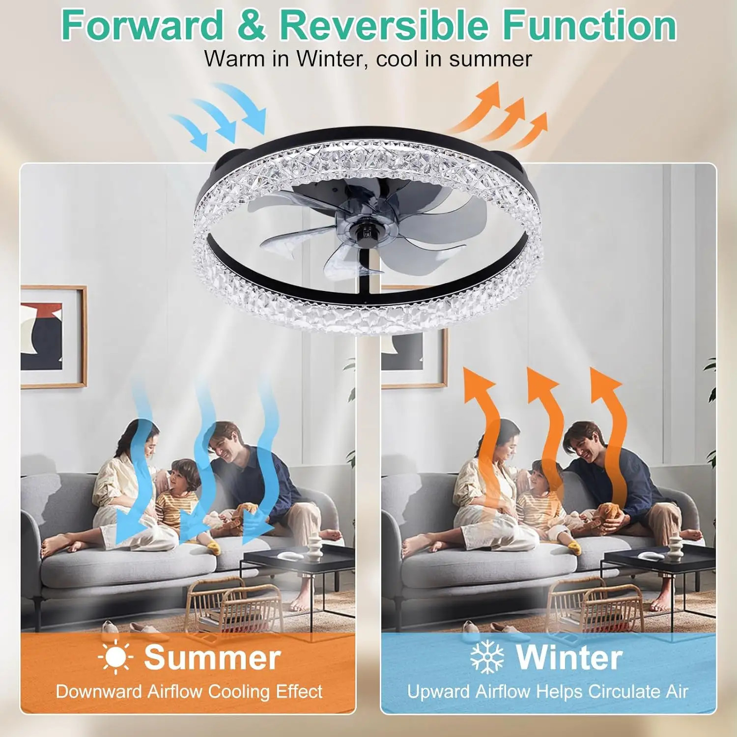Round K9 Crystal Flush Mount Ceiling Fan Light With Remote Control