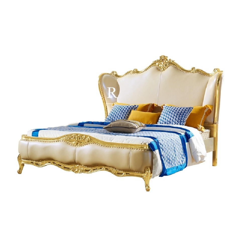 Luxury European Design Wooden Upholstered Leather Carved Antique King Size Bed
