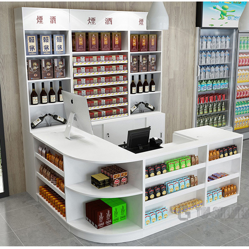 Metallic Wood Supermarket Checkout Counter OEM With Entry Door