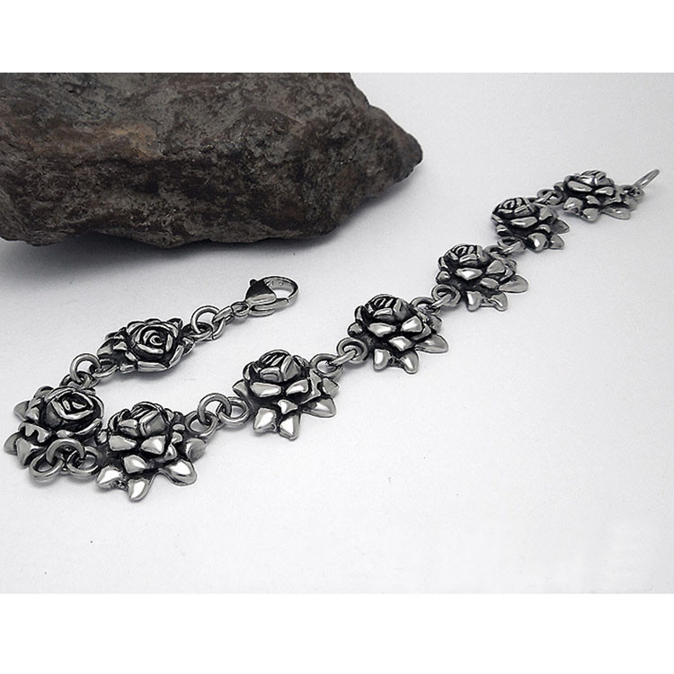 925 Silver Plated Titanium Stainless Steel Vintage Old Rose Link Bracelet (CE123)