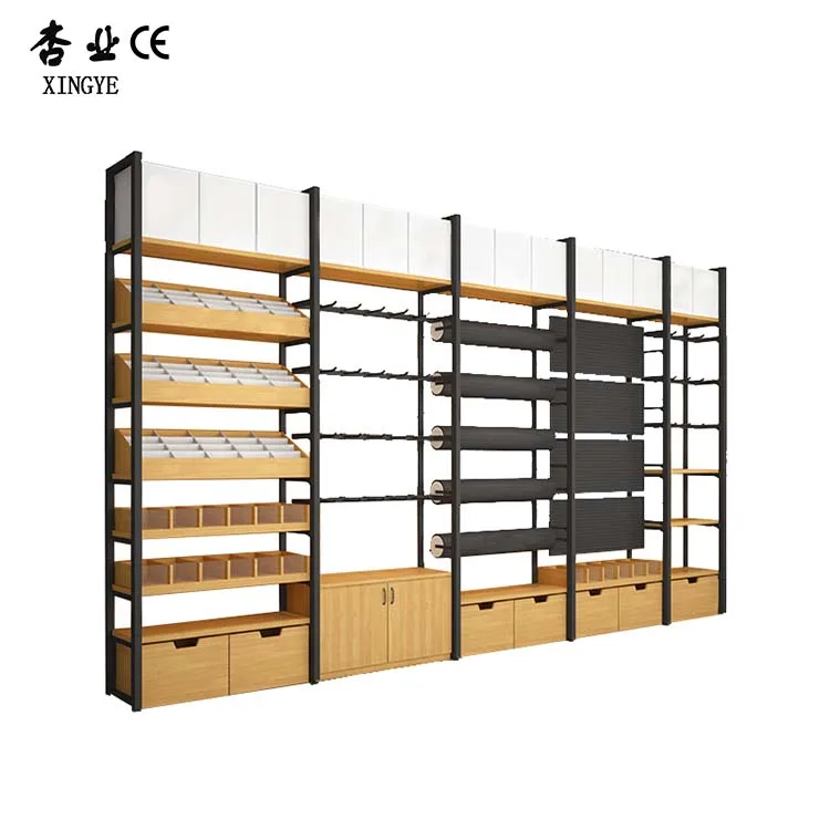 Factory customized color size wood grain shelf supermarket display shelving miniso supermarket shelving