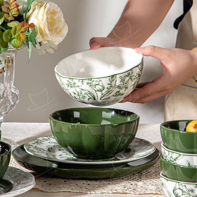 Sustainable Dinnerware Sets For 4 People Anti-Slip Placemat Included Floral Plant Green