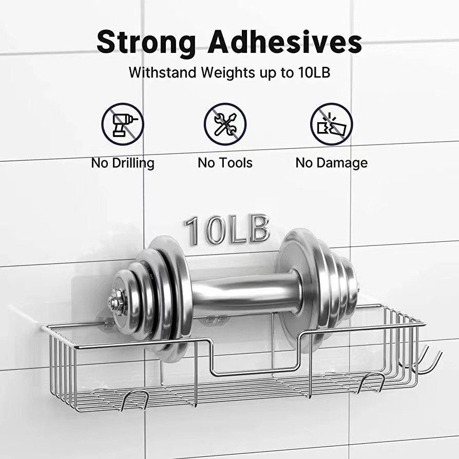 No Drilling Adhesive Rustproof Stainless Steel Shower Organizer for Bathroom