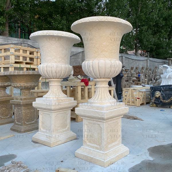 Beige Marble Flowerpot Natural Stone Travertine Vase Planter Classic Garden