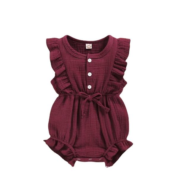 In Stock Summer Baby Girls Romper + Headband Cotton Linen Ruffles Sleeveless