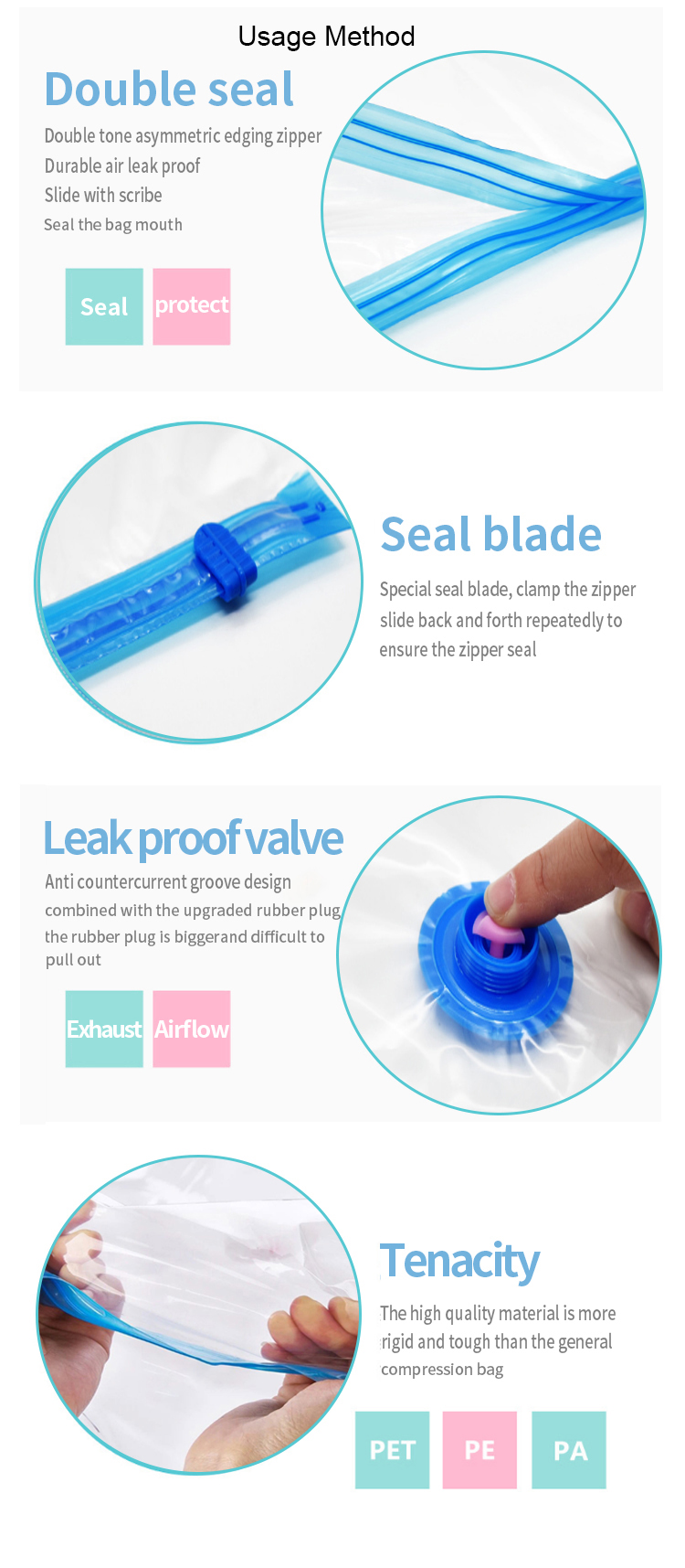 PE Plastic Vacuum Compression Bag for Quilts Clothes and Travel Spot Air Suction Valve