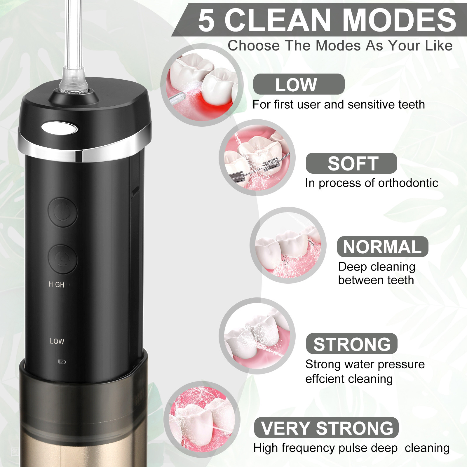 5 Modes Dental Oral Irrigator Cordless , 200ml Smart Dental Water Jet