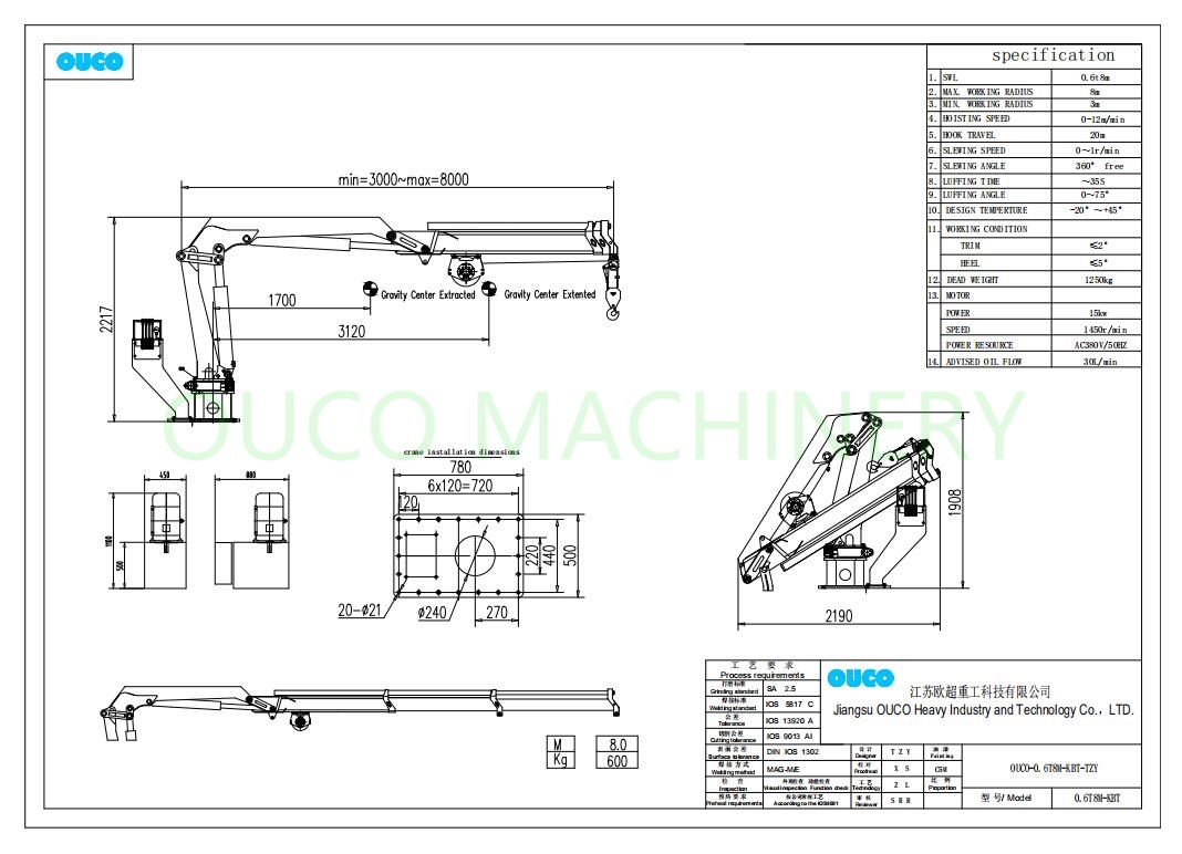 0.6T Telescopic Boom 8m Deck Pedestal Marine Cranes