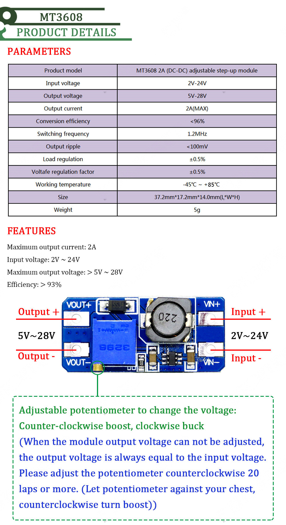 Mounting Type MT3608 2A 2-24V DC-DC Boost Converter Board for Adjustable Power Supply