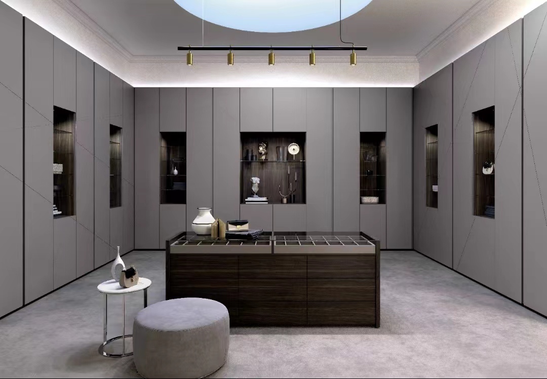 Contemporary Design Style Luxury Gray U Shaped MDF Walk in Closet Wardrobes NO Folded