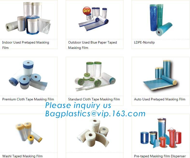 Disposable PE pre-taped self static cling masking film, Cover mask plastic drop film PE protection film with tape, BAGEA