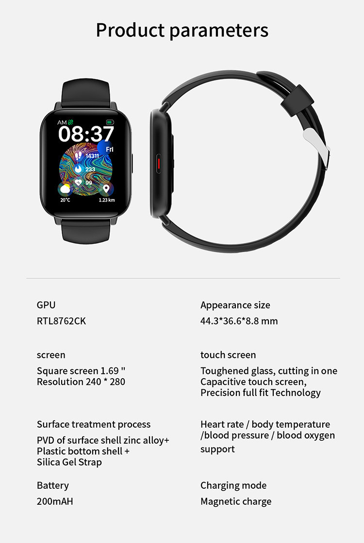 1.7inch 240x280 Pixel Waterproof IP67 Smart Watch Skin Temperature