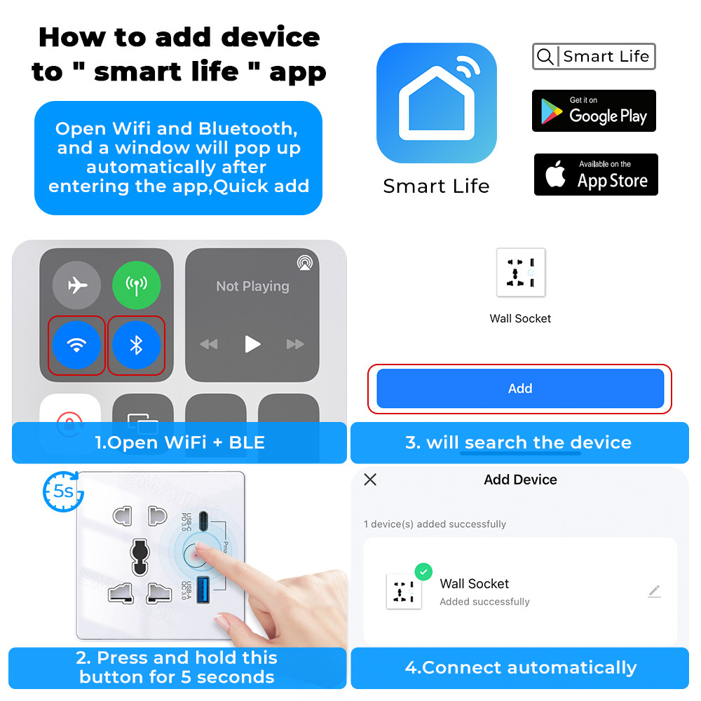 Wifi Wall Universal Socket Type C + USB Fast Charging For US EU UK Plug APP Remote Control Tuya Smart Home Automation