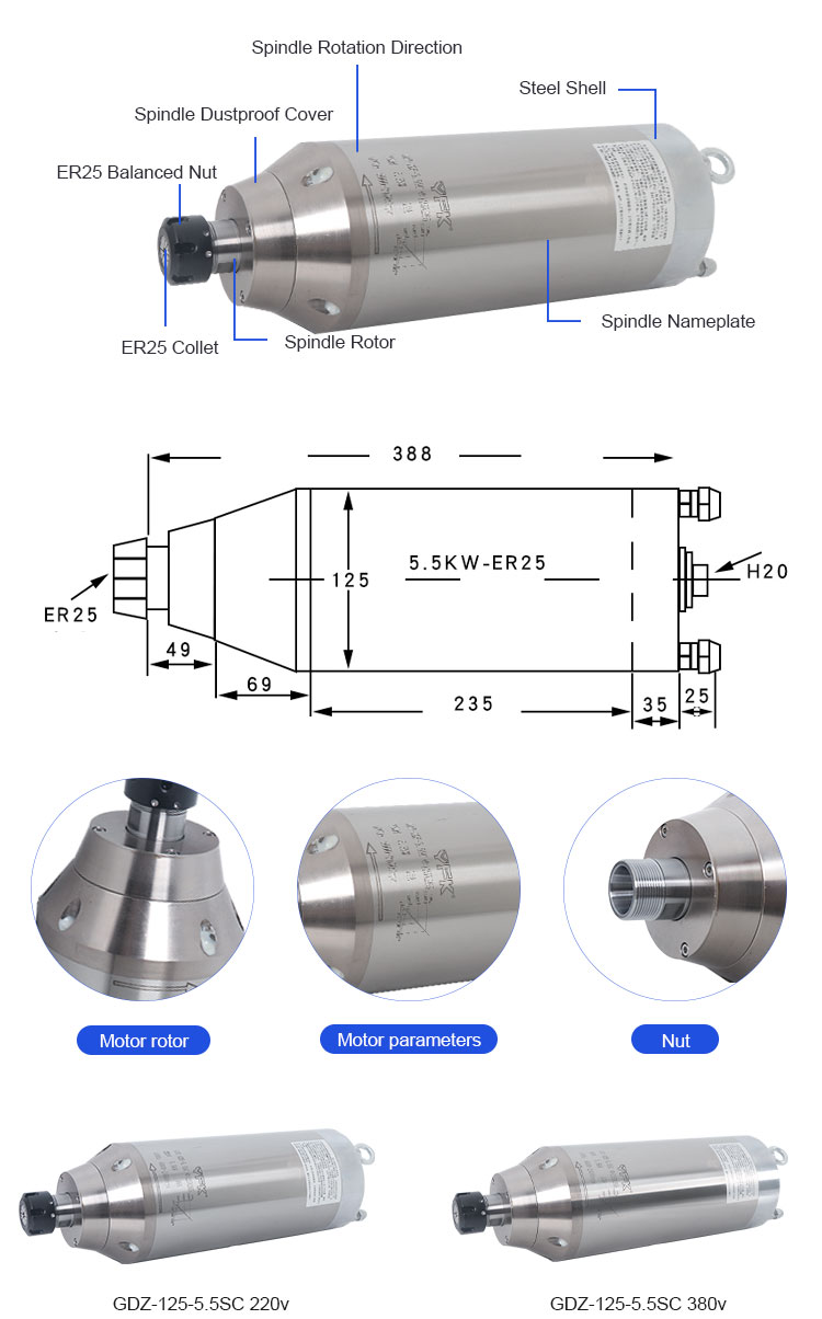 400HZ Frequency Stone Carving CNC Router Spindle Motor with 220v or 380v Voltage