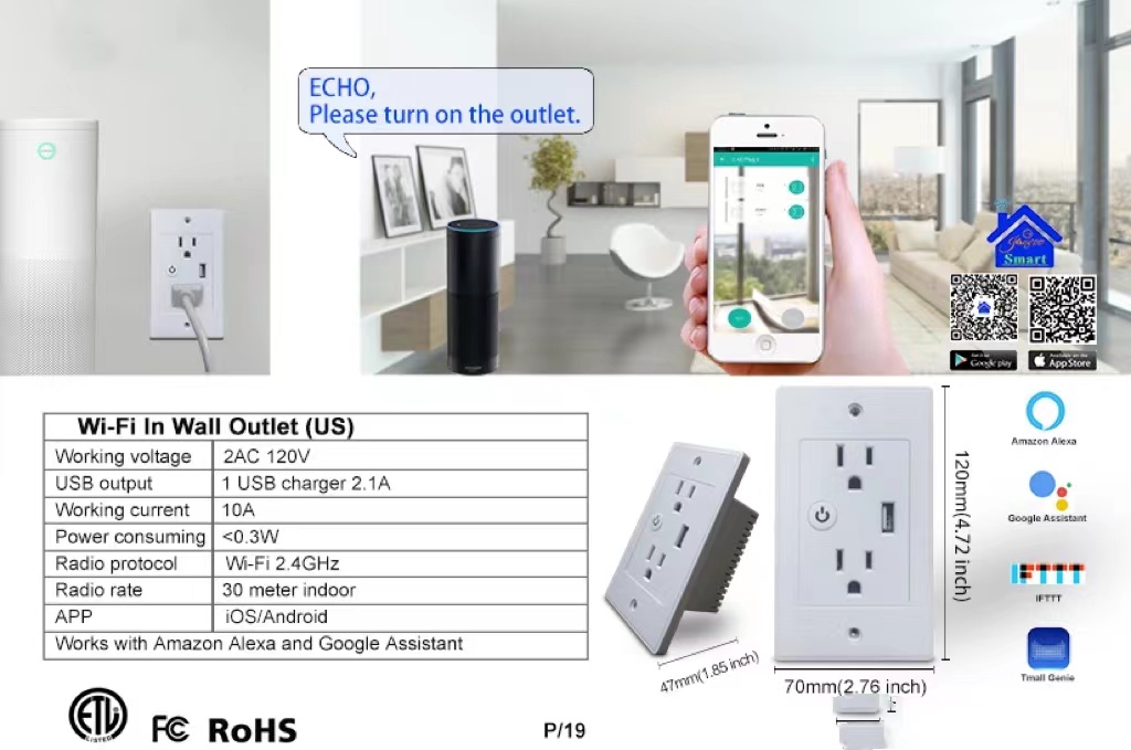 Glomarket Smart WiFi Wall Socket with USB 2 plug outlets Remote Control Smart Life/Tuya APP Remote Timer Setting