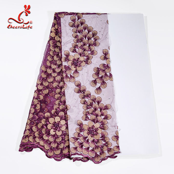 130CM Polyester Guipure Lace Fabric / African Beaded Flower Lace Embroidery Fabric For Clothing