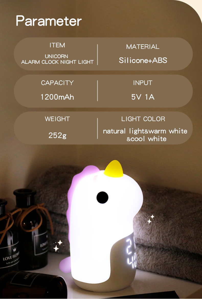 Mini Smart Unicorn Silicone Night Light Alarm Clock Support Dimmer Customized Designs