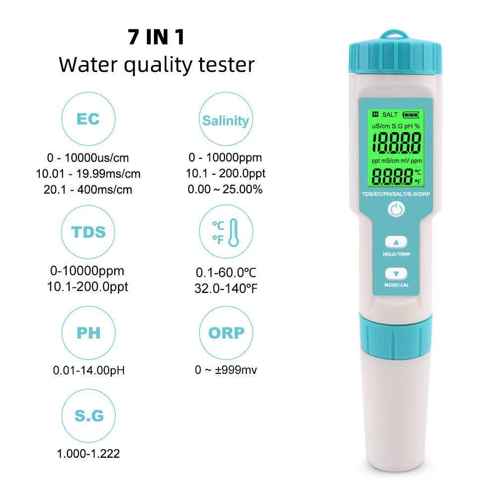 2024 Digital 7 in 1 Salinity TDS Units Water Tester for pH/TDS/EC/TEMP Measurement