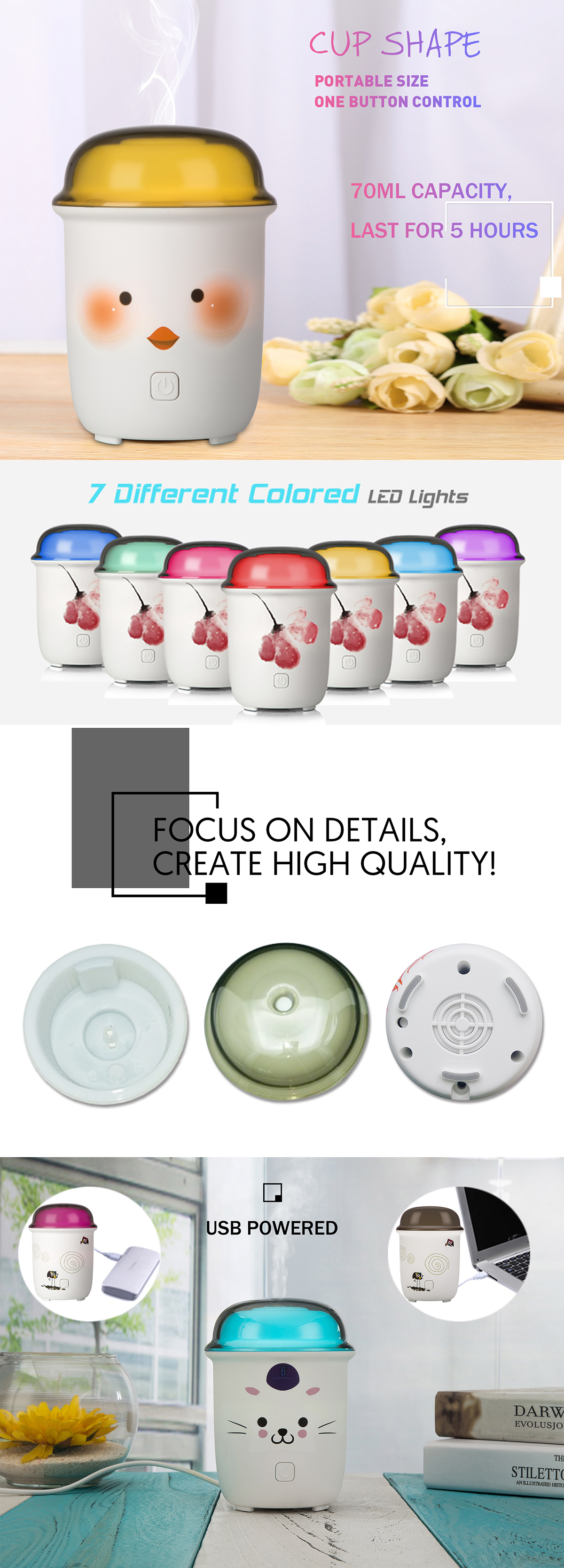 Small Cup Shaped 3MHZ 70ML Electronic Aroma Diffuser