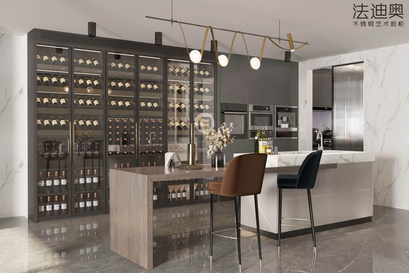 Fadior Grey Glass Wine Cabinet Solution Stainless Steel Design With Built-In Appliances Tall Unit