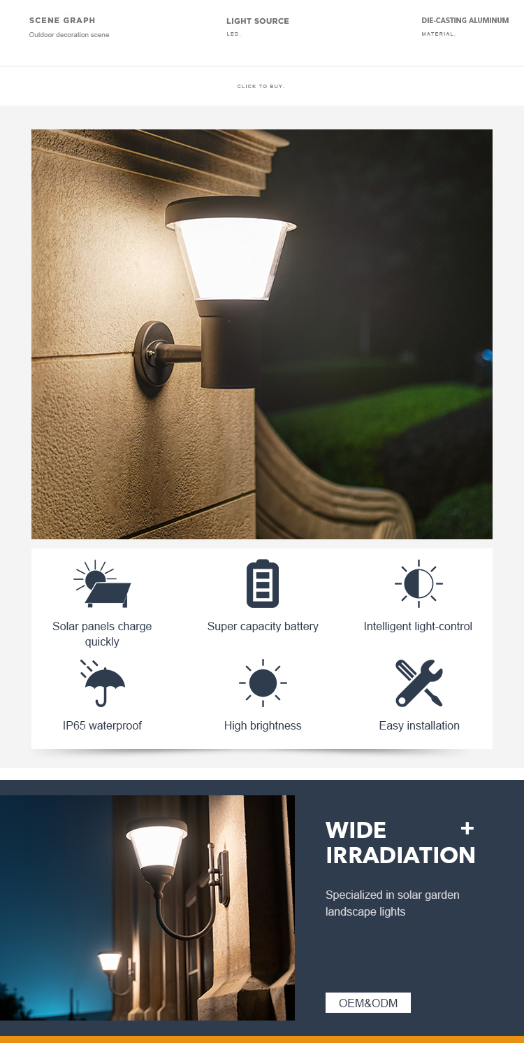 Black Die Casting Aluminum Wall Mounted Solar Lights Courtyard Wall Lamp IP65