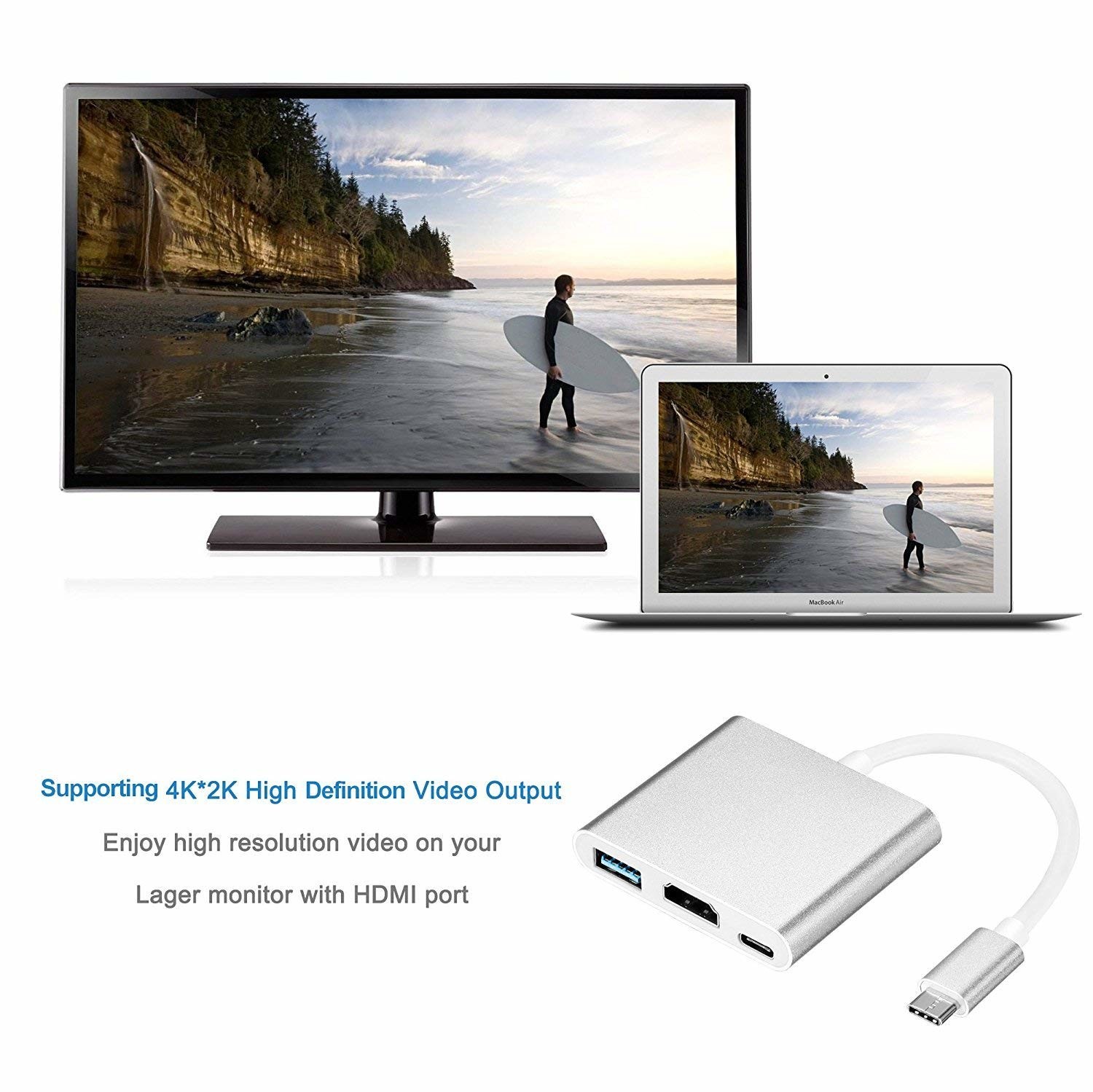 3-in-1 Thunderbolt 3 USB Type C Hub to Adapter 4K Aluminum USB-C Hub Dock with Type-C Power Delivery for MacBook
