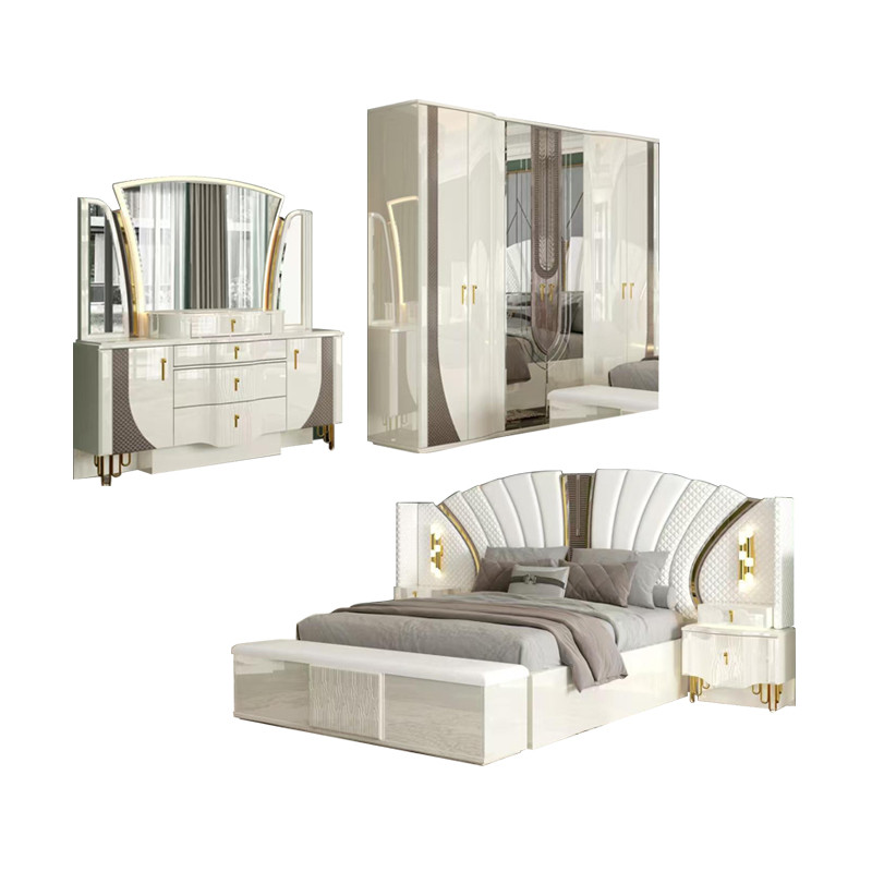 OEM Wholesale White Royal Luxury Double King Size Bed Master Room Modern Home Wooden Frame Full Bedroom Furniture Set
