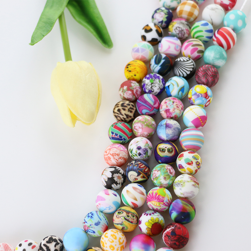 Round Printing Silicone Teething Bead BPA Free With 12mm 15mm Size