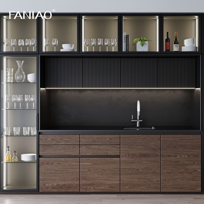 Modern Simple Design Glass Door Kitchen Furniture Popular Luxury Wood Grain Kitchen Cabinets For Villa
