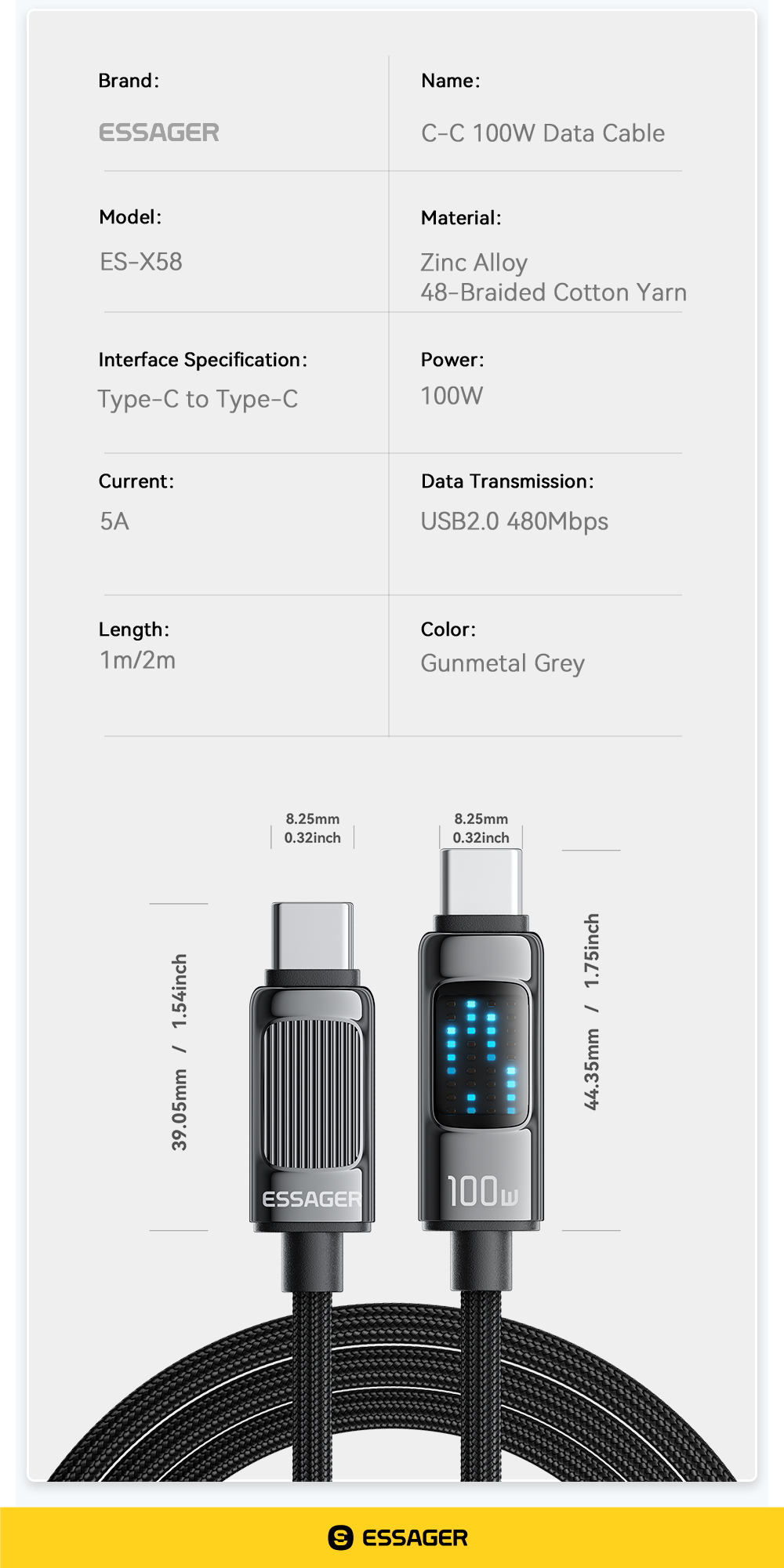 ESSAGER ES-X58 Series 100W PD Type C Cable USB C to USB C