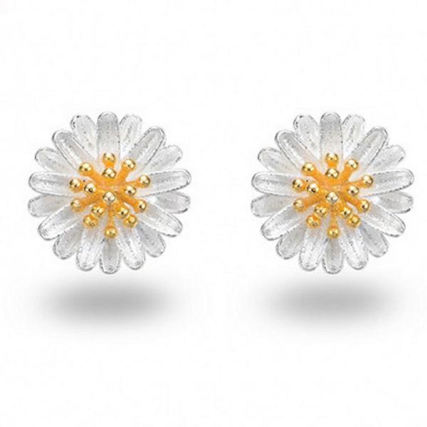 Two Tone Silver Plated Daisy Flower Stud Earrings Korea Style Fashion Jewelry