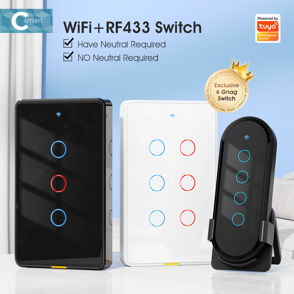 Tuya Smart WiFi 6 Gang Light Switch No Neutral Wire, Timing, Voice Control, RF433, Alexa & Google Home Compatible